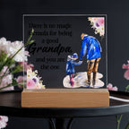 Acrylic LED Grandpa and grandson figurine scene on wood base with glowing frame