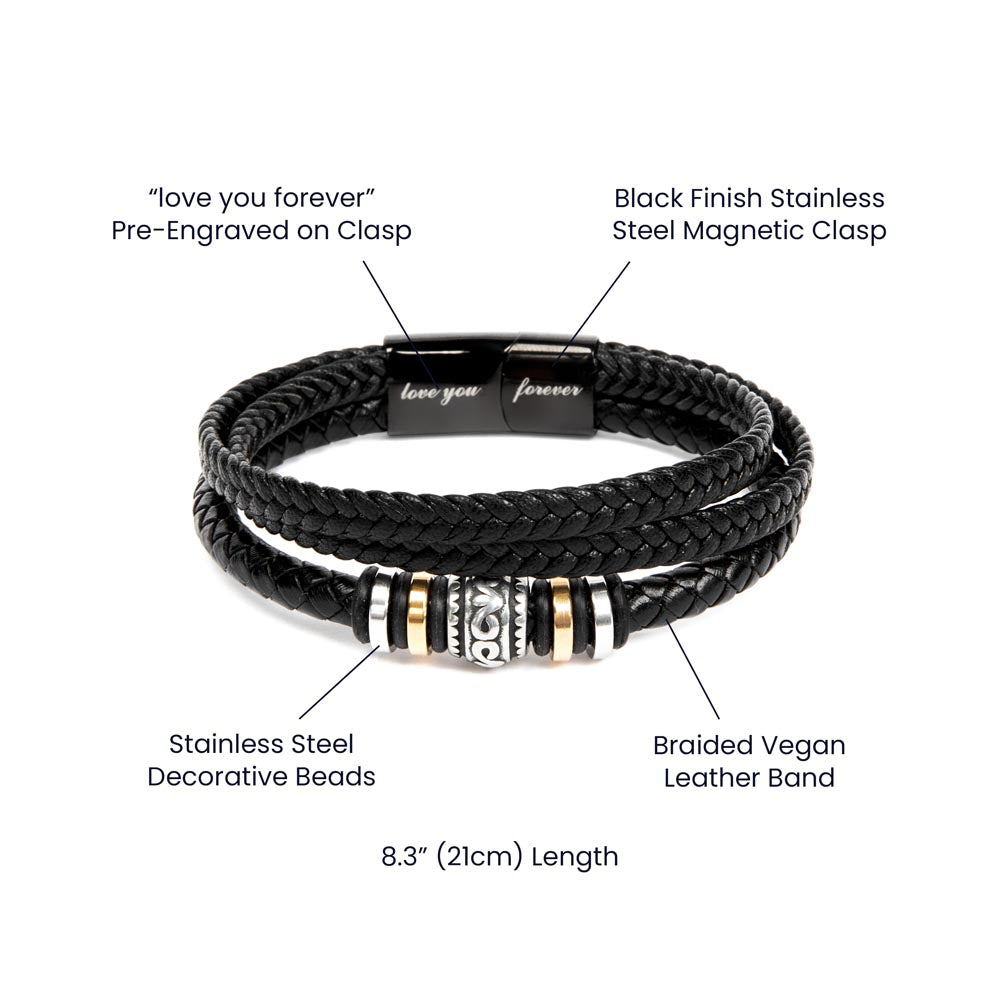 Black braided bracelet with metal bead charms and magnetic clasp, shown labeled