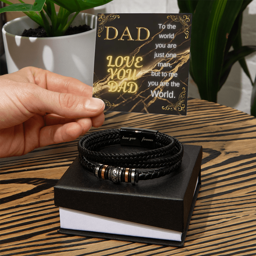 Black braided bracelet on gift box with gold DAD message card