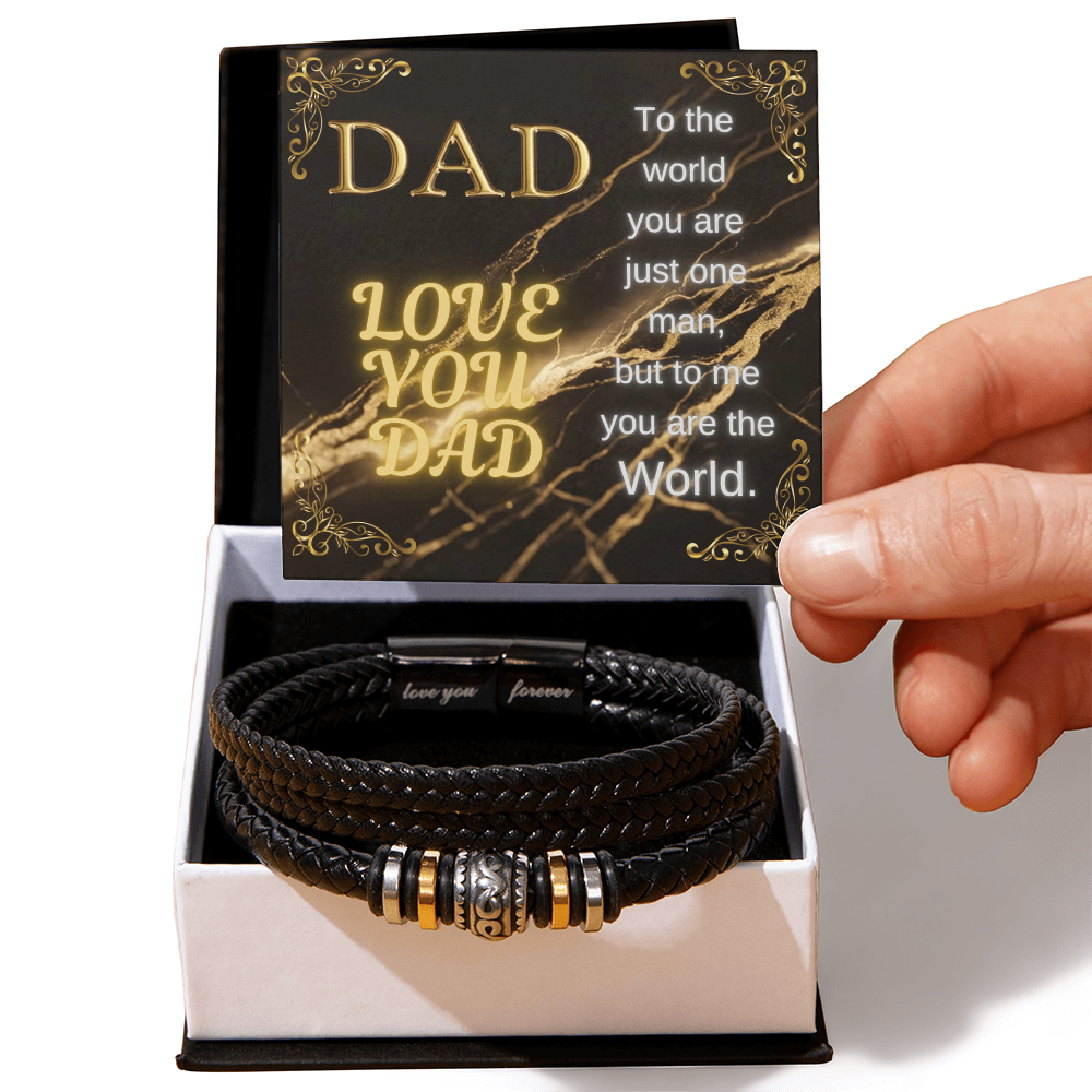 Bracelet gift box with black braided bracelet and gold DAD message card