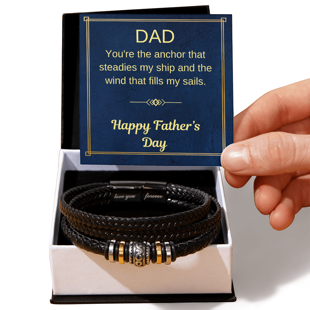 Black braided bracelet in white gift box with blue Father’s Day card