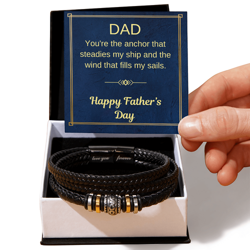 Black braided bracelet in white gift box with blue Father’s Day card