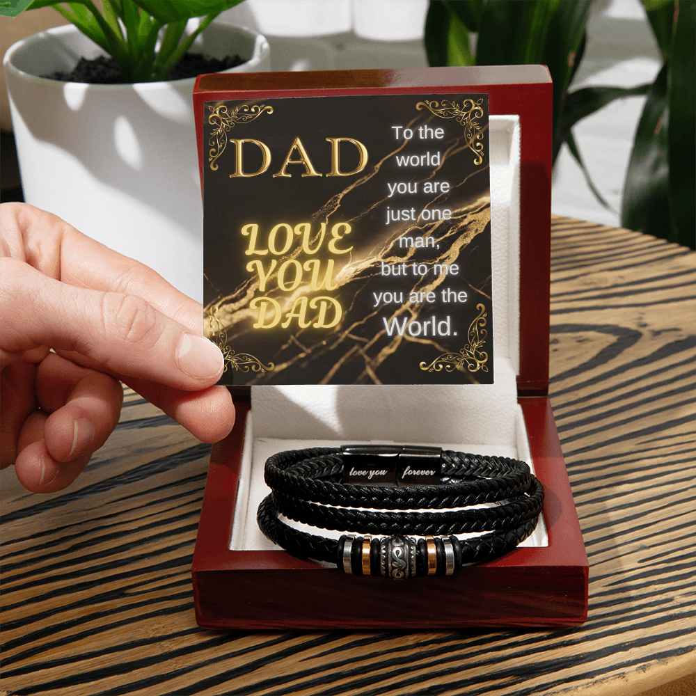Bracelet gift box with black braided bracelet and gold DAD message card