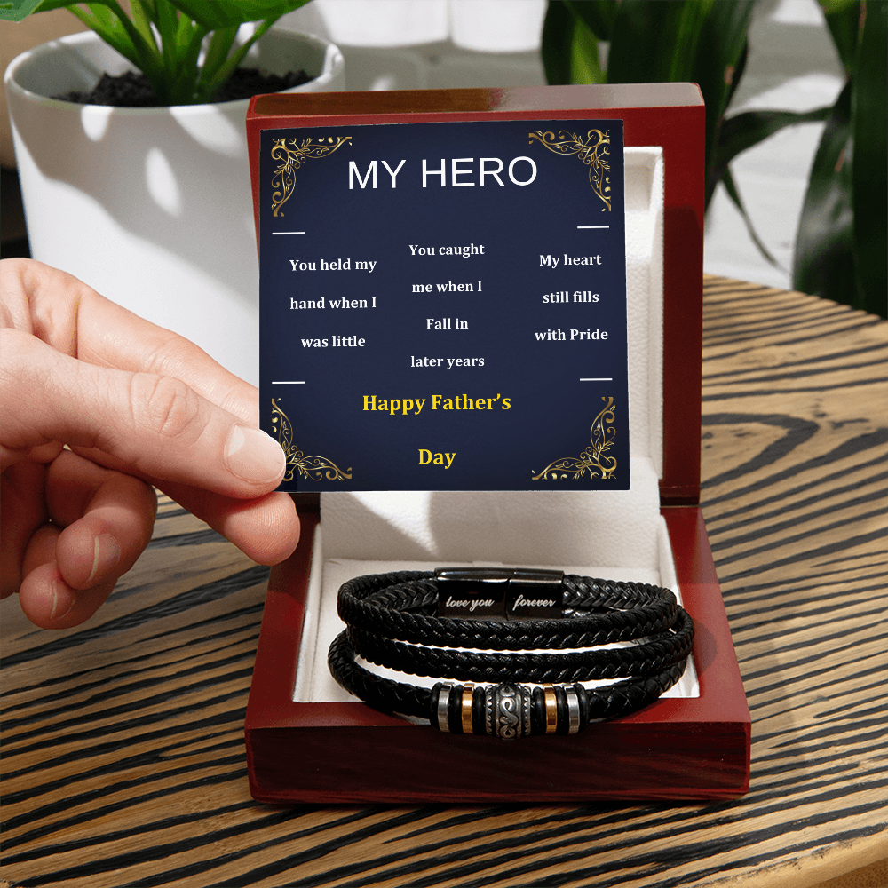 Black braided vegan leather bracelet in an open gift box