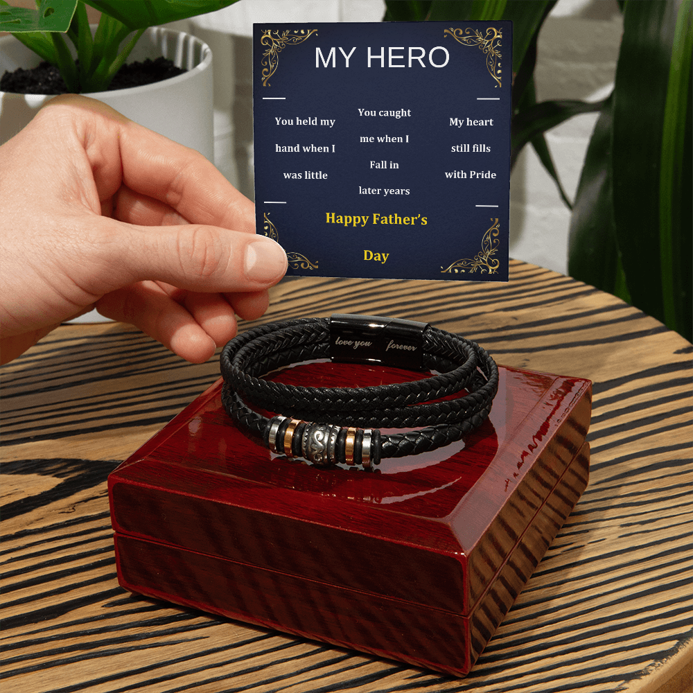 Black braided vegan leather bracelet on top of a gift box