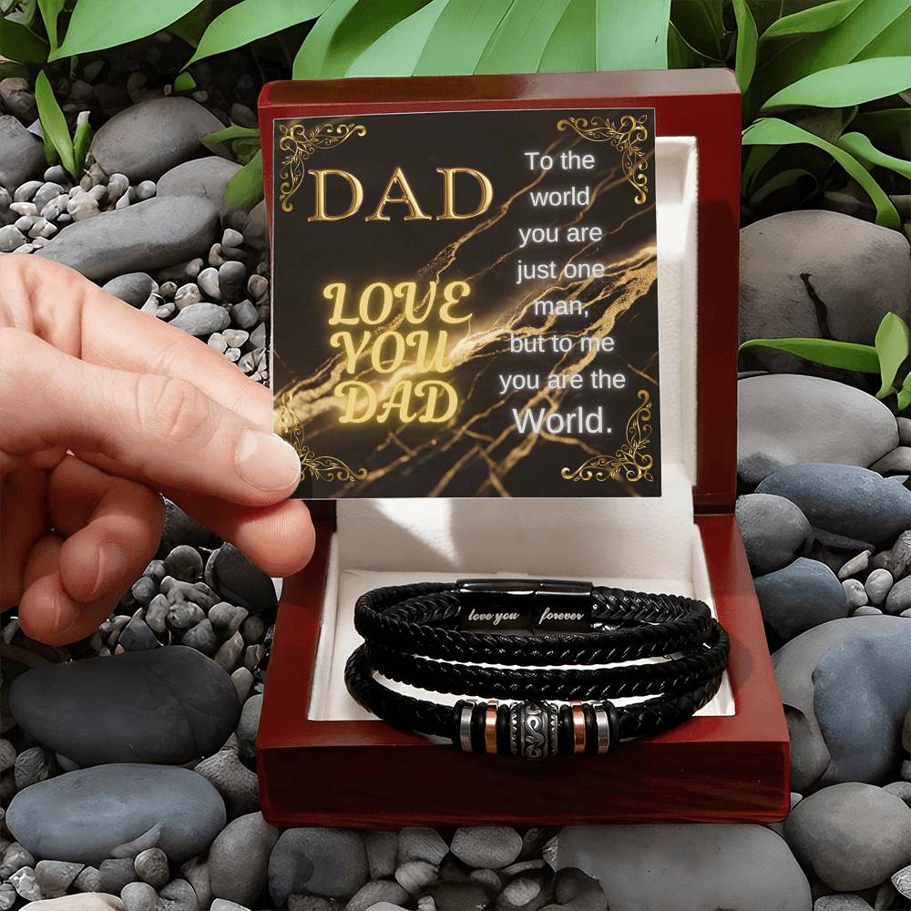 Black braided bracelet with metal beads, in open gift box