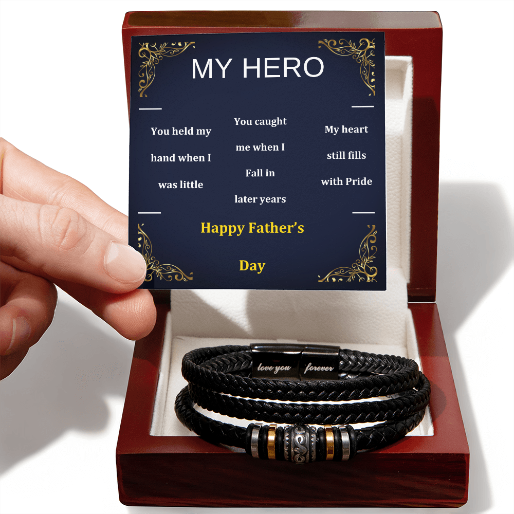 Black braided vegan leather bracelet shown in an open gift box
