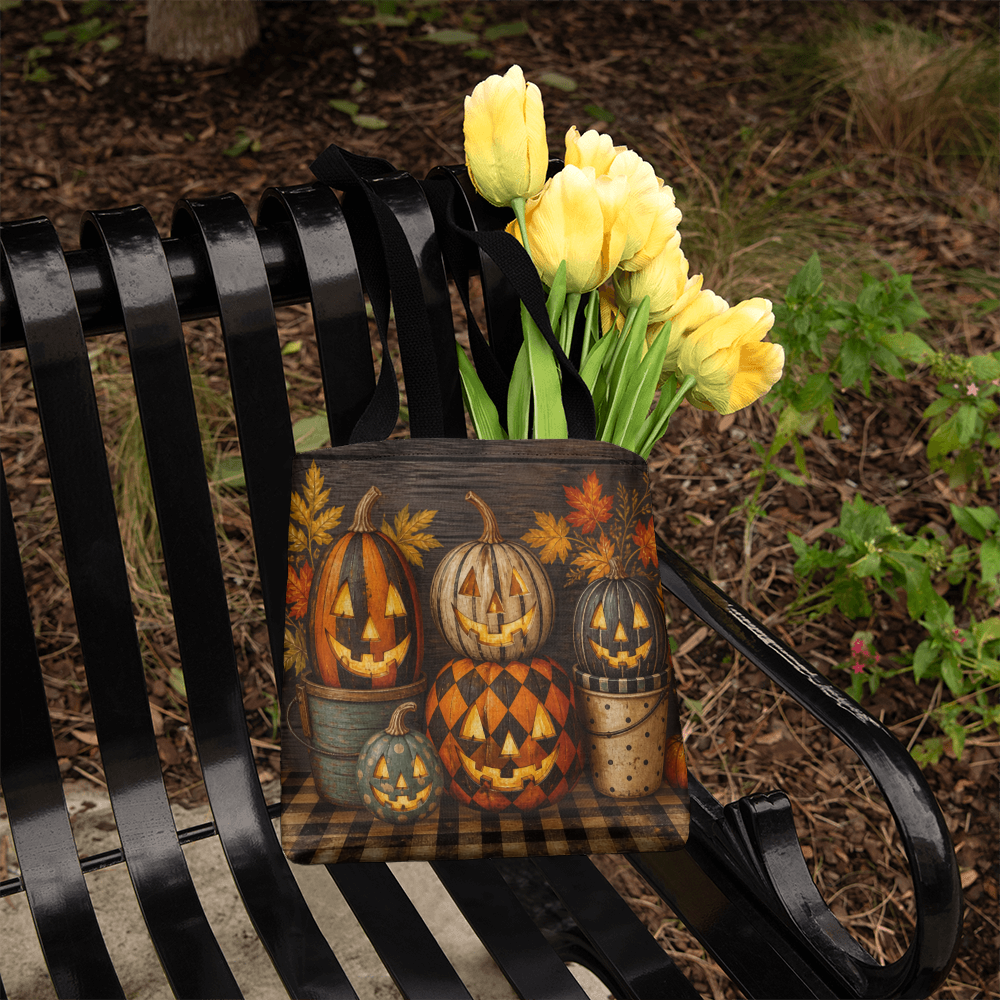 Halloween canvas tote bag with black handles, pumpkin lanterns and gourds graphic
