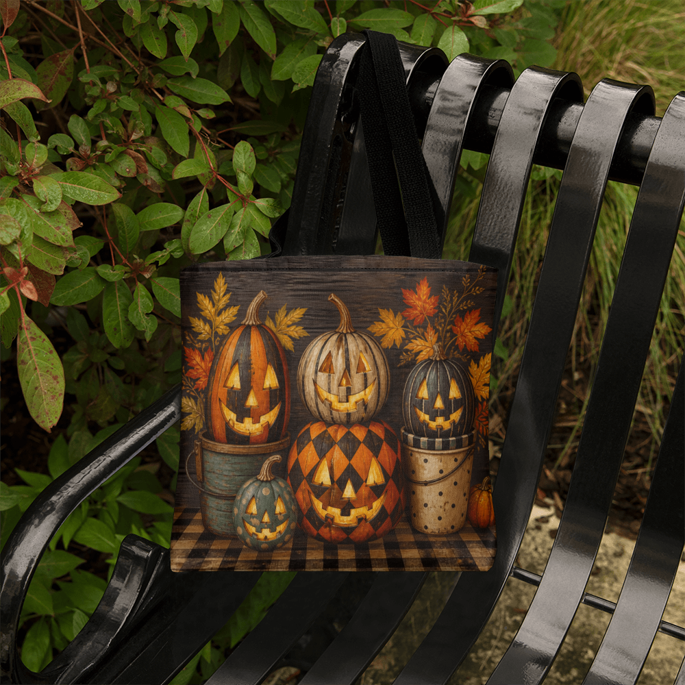 Black-handled dark canvas Halloween tote bag with orange pumpkin jack-o’-lantern print