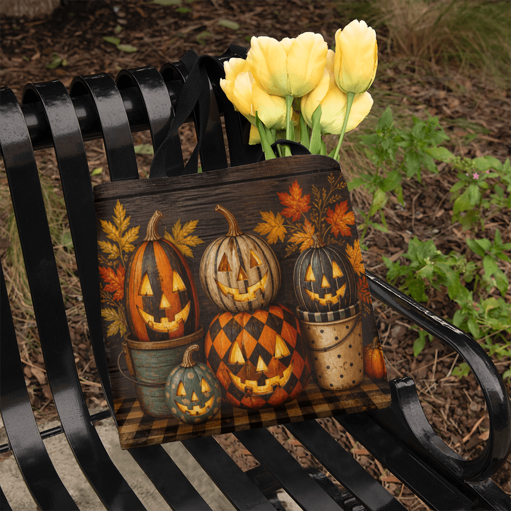 Halloween canvas tote bag with pumpkin artwork, plaid base, and black handles