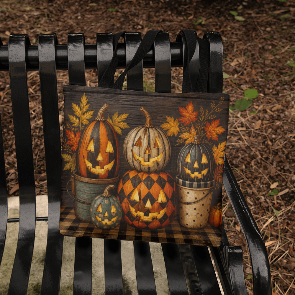 Front view Halloween canvas tote bag with illustrated pumpkins and autumn leaves