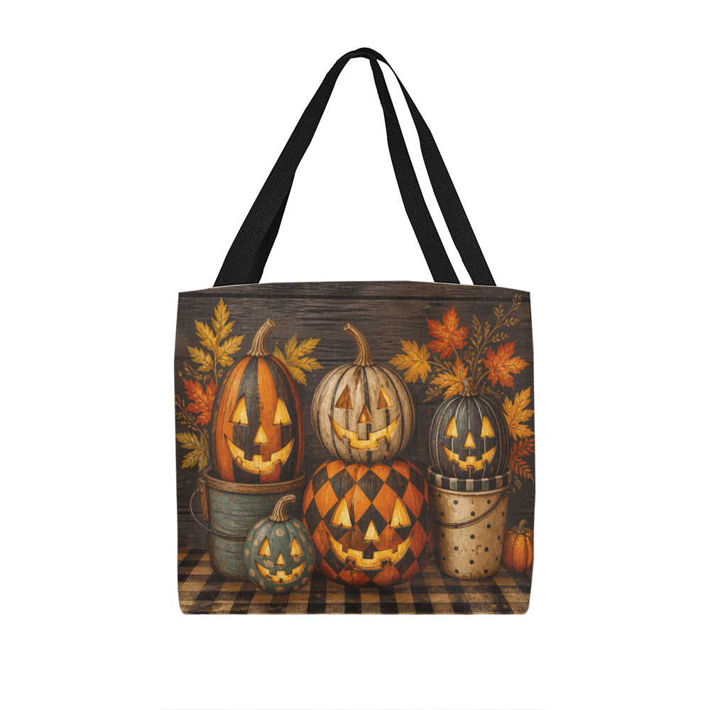 Halloween canvas tote bag with natural handles, pumpkin and leaf illustration
