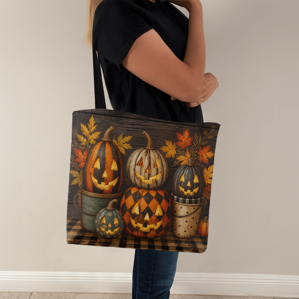 Halloween canvas tote bag with black handles, front pumpkin and gourd design