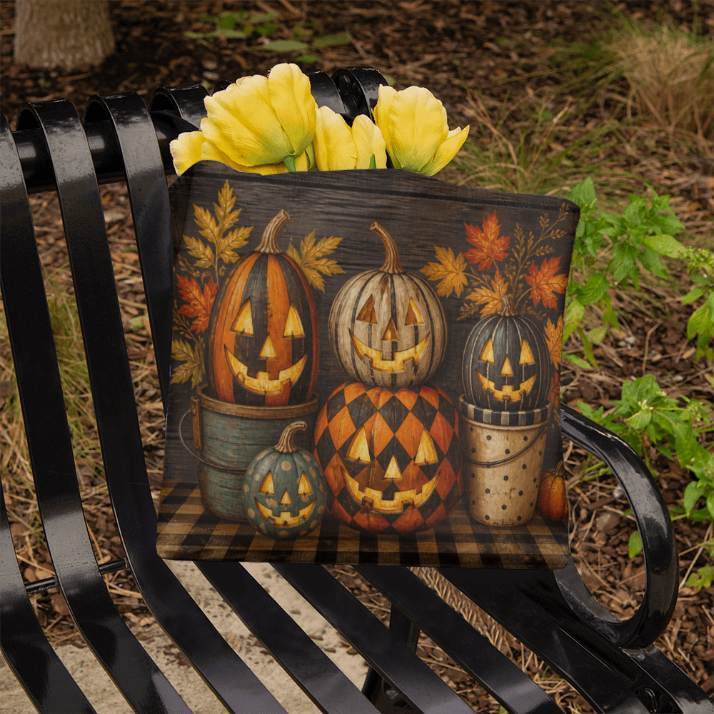Halloween canvas tote bag close-up with jack-o-lantern pumpkins and plaid panel