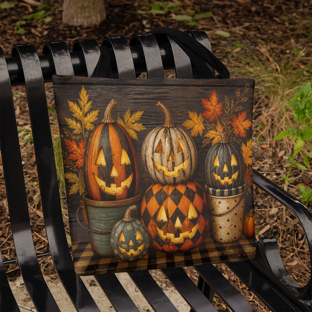 Halloween canvas tote bag close-up with pumpkin collage and plaid trim