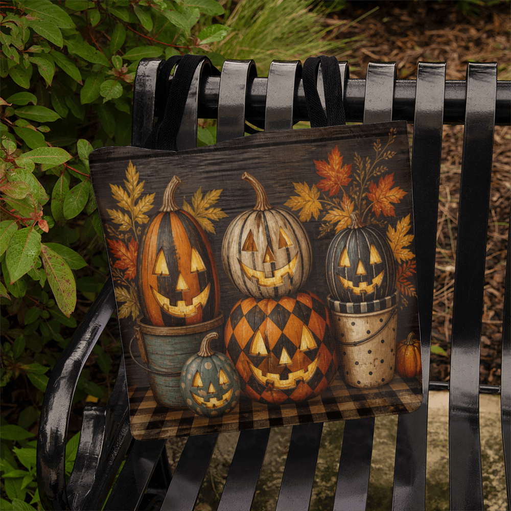 Close-up Halloween canvas tote bag front with multiple jack-o-lantern pumpkins