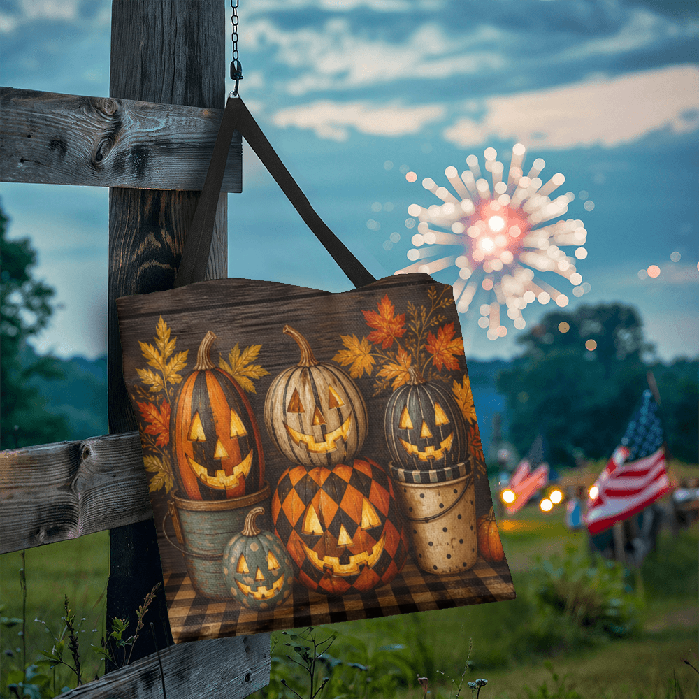 Halloween canvas tote bag with pumpkin and fall leaf illustration, plaid pattern