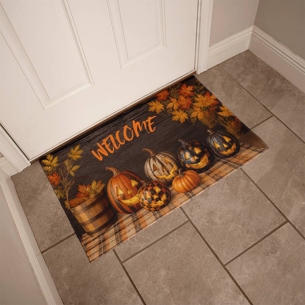 Halloween welcome doormat with carved jack-o'-lanterns, pumpkins, and plaid autumn border