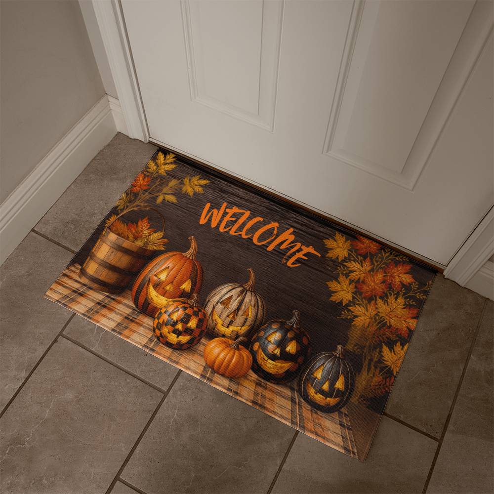 Halloween pumpkin welcome doormat lying in front of a white door on tiled floor