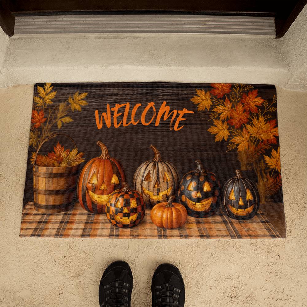 Halloween welcome doormat featuring pumpkins and jack-o'-lanterns with fall leaf accents