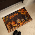 Halloween pumpkin welcome doormat with jack-o-lanterns, orange leaves, and checkered border