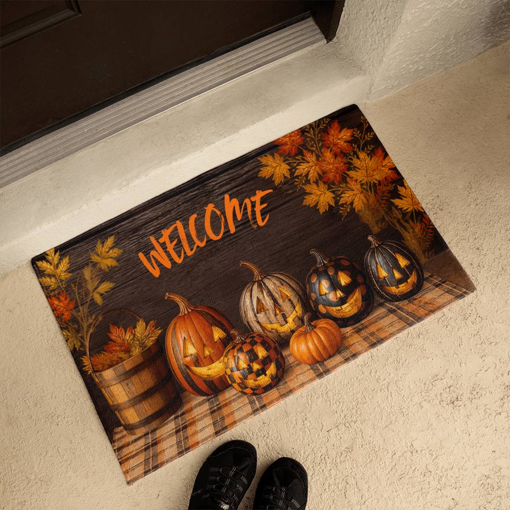 Halloween pumpkin welcome doormat with jack-o-lanterns, orange leaves, and checkered border
