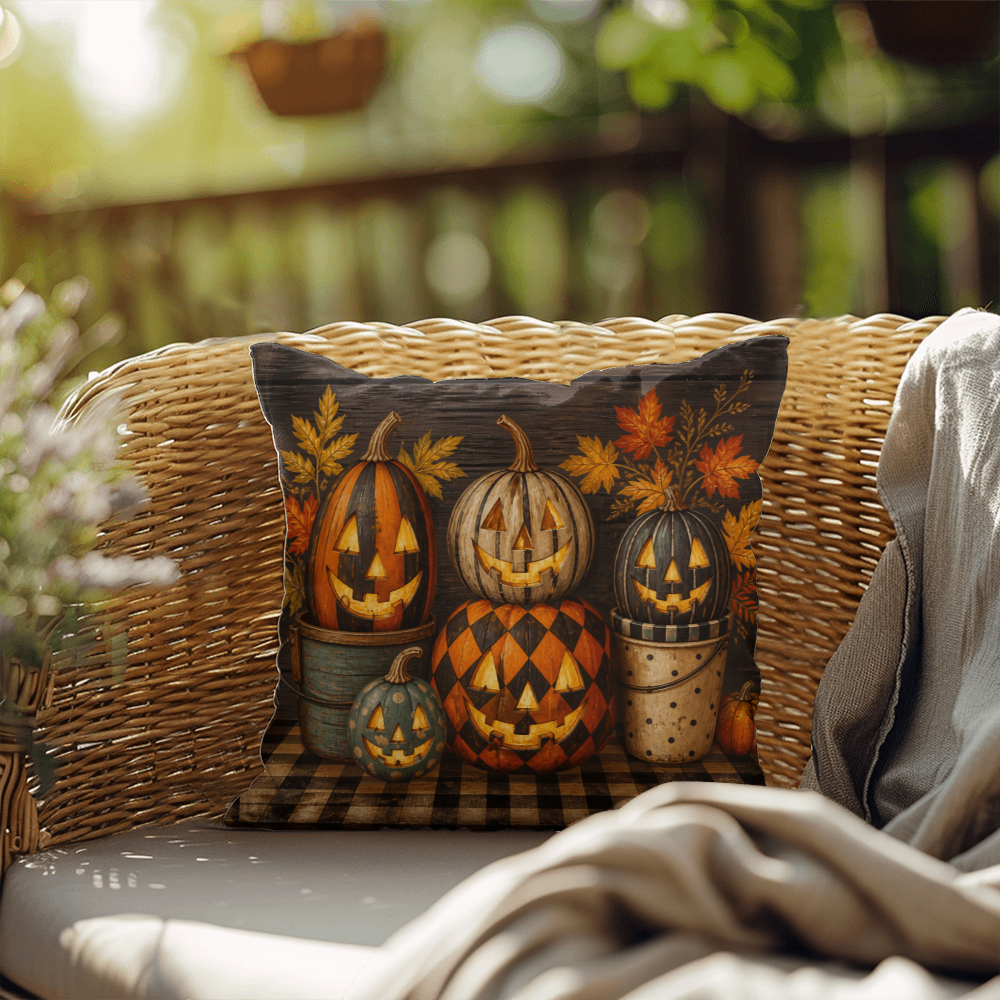 Halloween throw pillow with dark cover showing stacked pumpkins and fall leaves