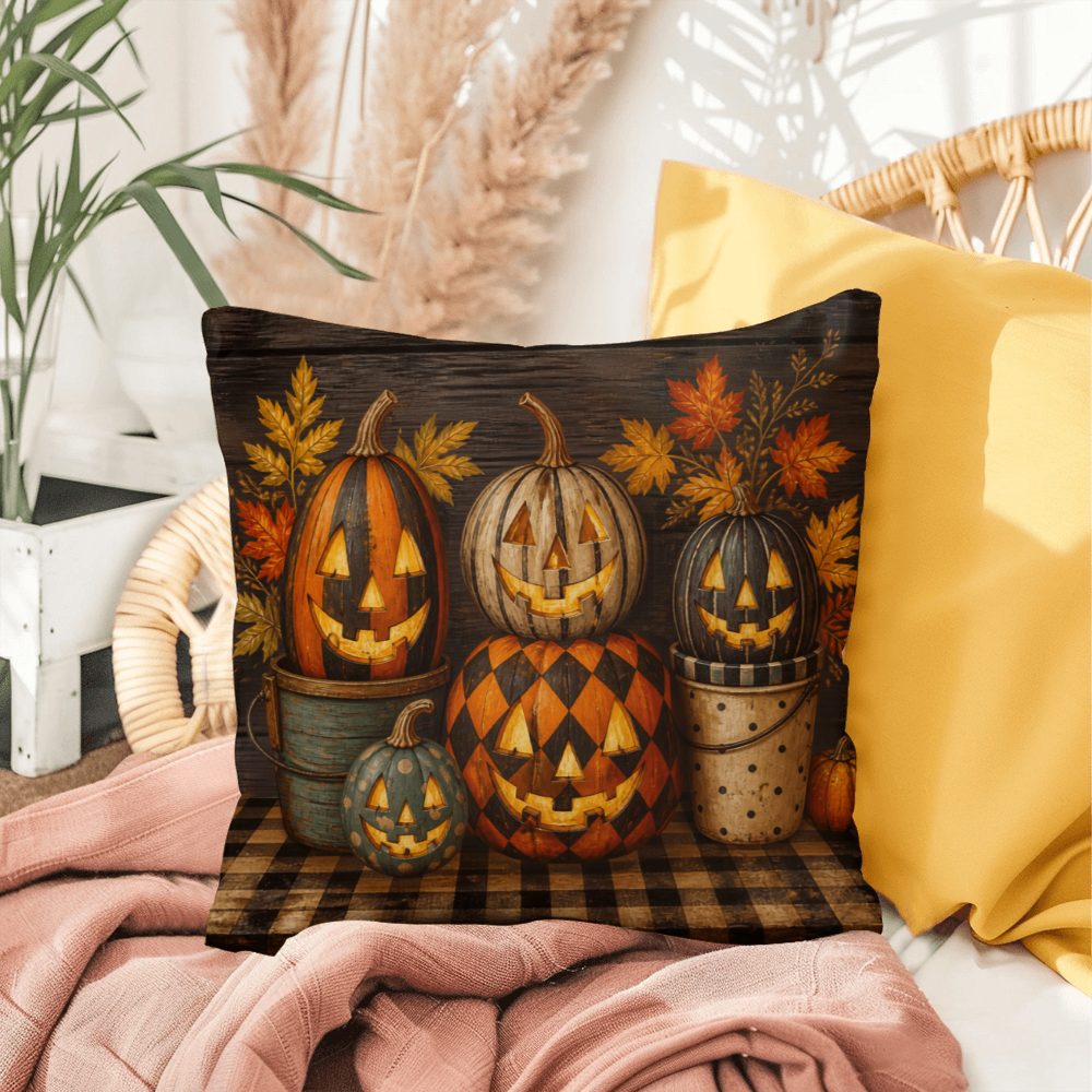 Halloween throw pillow on dark plaid: jack-o-lantern pumpkins with orange and gold leaves
