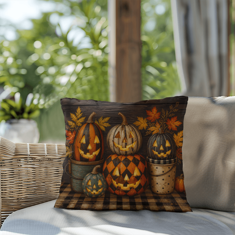 Halloween throw pillow with dark plaid: pumpkins in pots and carved faces with leaves