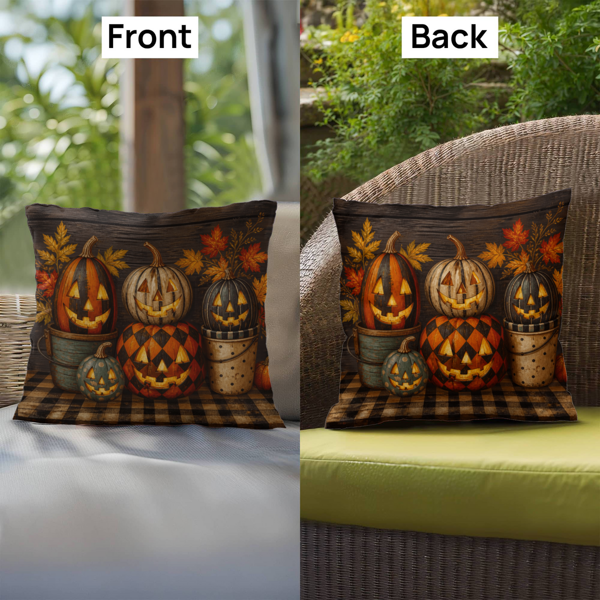 Halloween throw pillow front and back: pumpkin faces on dark plaid background with leaves