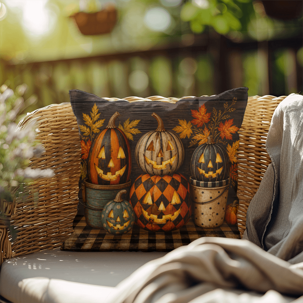 Halloween throw pillow with dark cover: jack-o-lantern pumpkins, fall leaves, plaid base