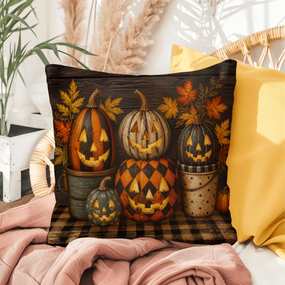 Halloween throw pillow close-up with dark plaid base featuring jack-o-lantern pumpkin cluster