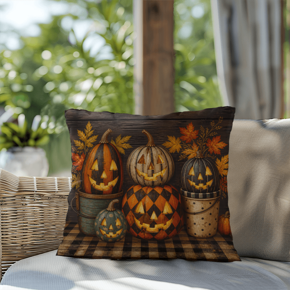 Halloween throw pillow with dark plaid base: carved pumpkins with orange and gold details