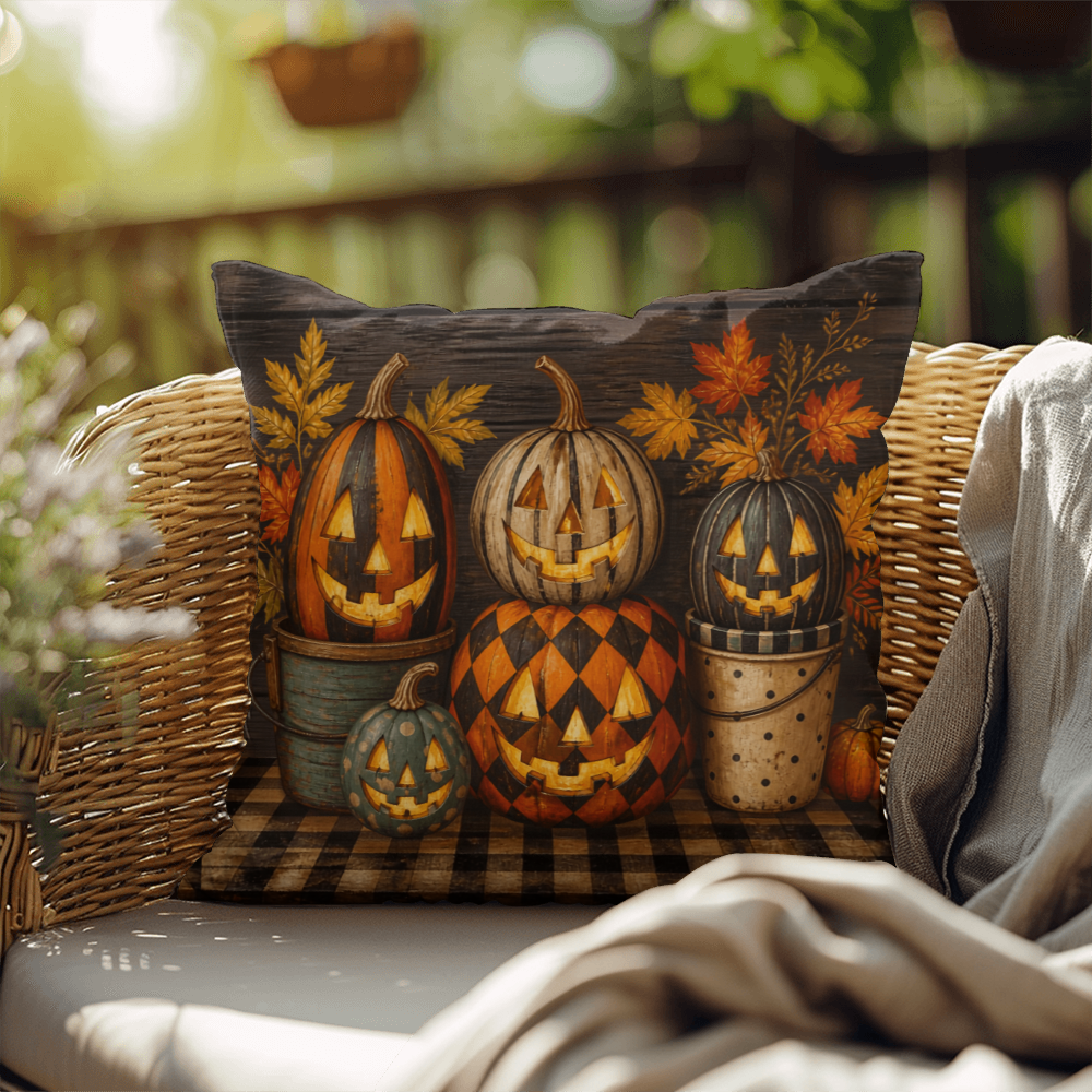 Halloween throw pillow with dark cover showing pumpkin faces and orange maple leaves