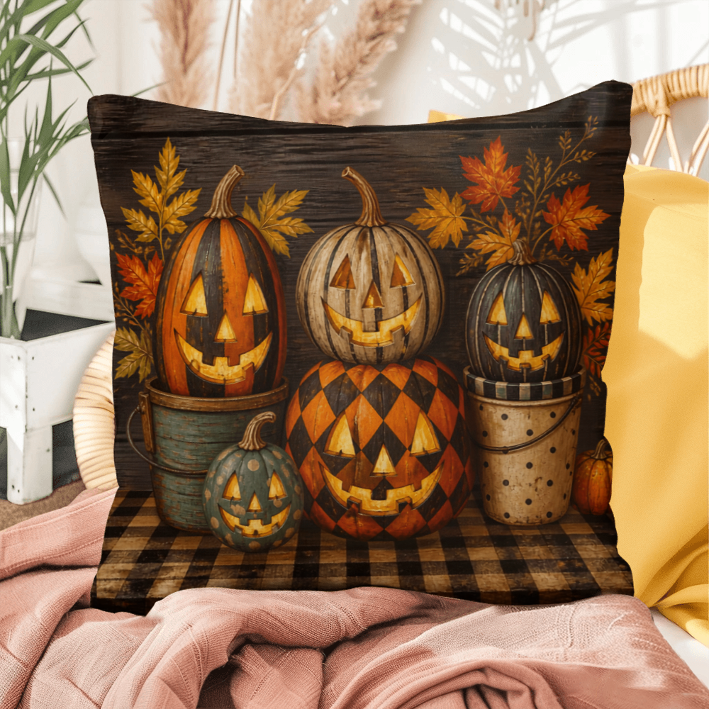 Halloween throw pillow close-up: dark plaid background with jack-o-lantern pumpkins and leaves