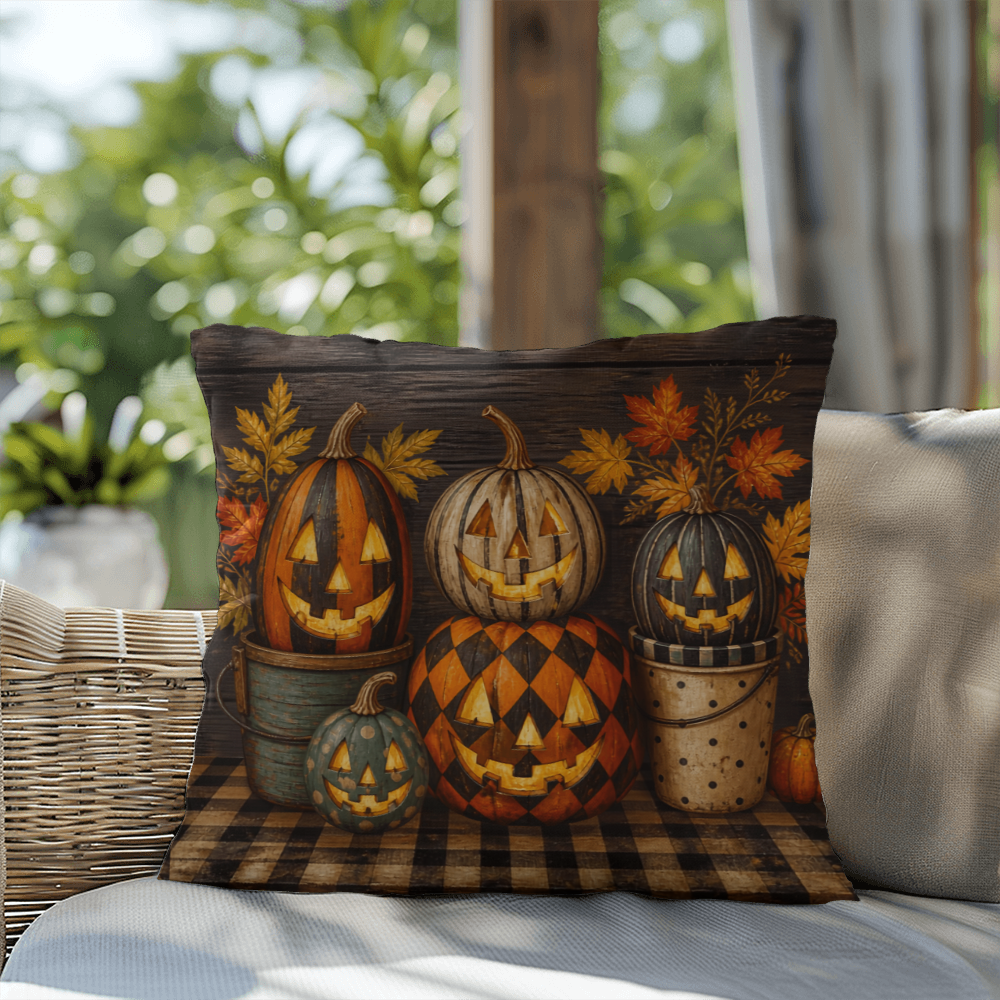 Halloween pumpkin throw pillow with carved jack-o'-lantern faces and leaf accents