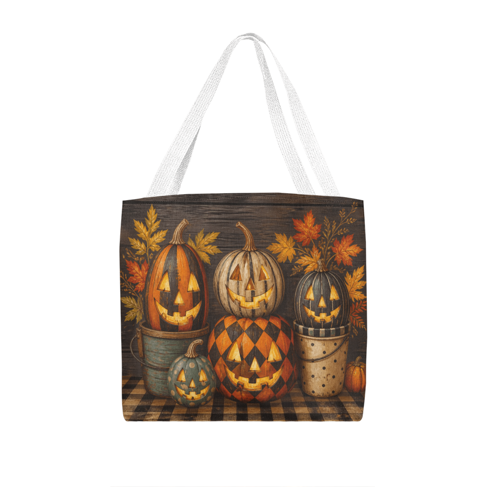 Dark canvas Halloween tote bag with pumpkin jack-o’-lantern scene and white handles