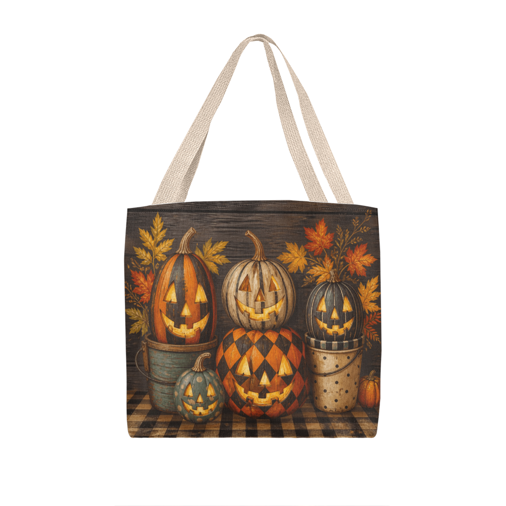 Halloween canvas tote bag with natural handles, autumn pumpkin lantern print