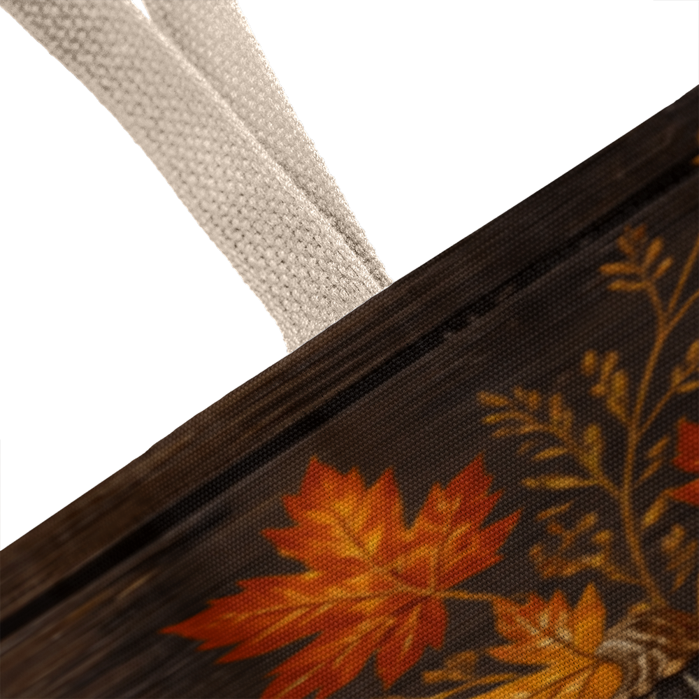 Halloween canvas tote bag close-up, natural strap and orange leaf pumpkin artwork