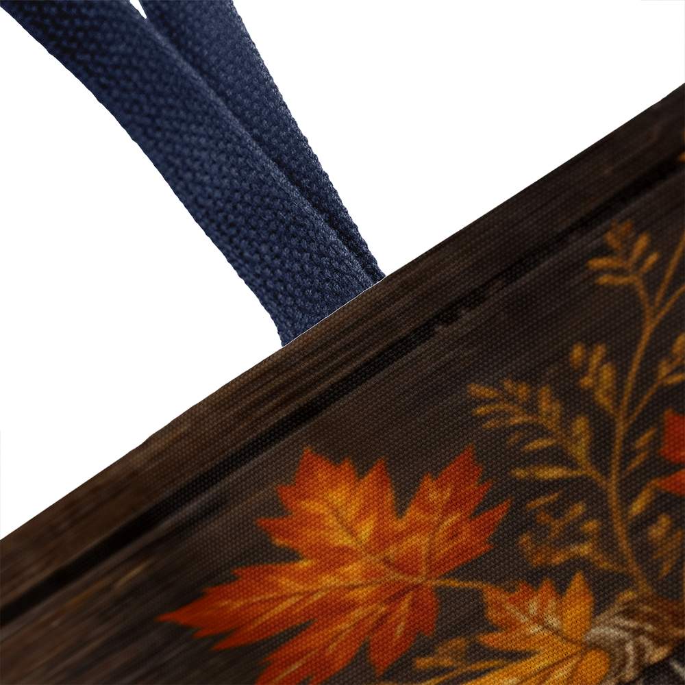 Navy-handled dark canvas tote bag with orange pumpkin and jack-o’-lantern print