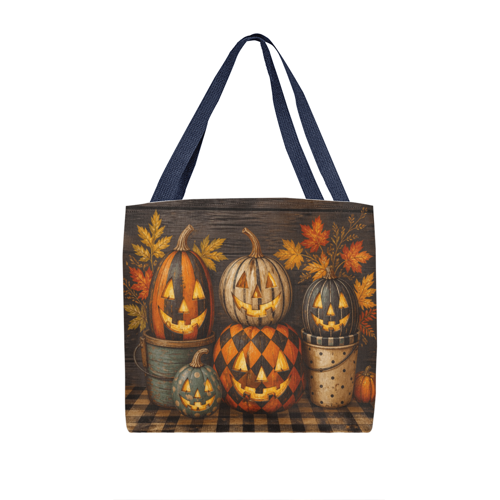 Dark canvas Halloween tote bag with pumpkin jack-o’-lantern scene and navy handles