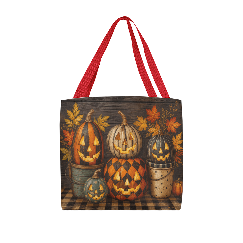 Halloween canvas tote bag with red handles, pumpkin and autumn leaf front design