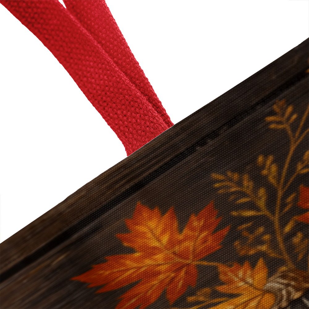 Red-handled dark canvas tote bag with orange pumpkin and jack-o’-lantern print