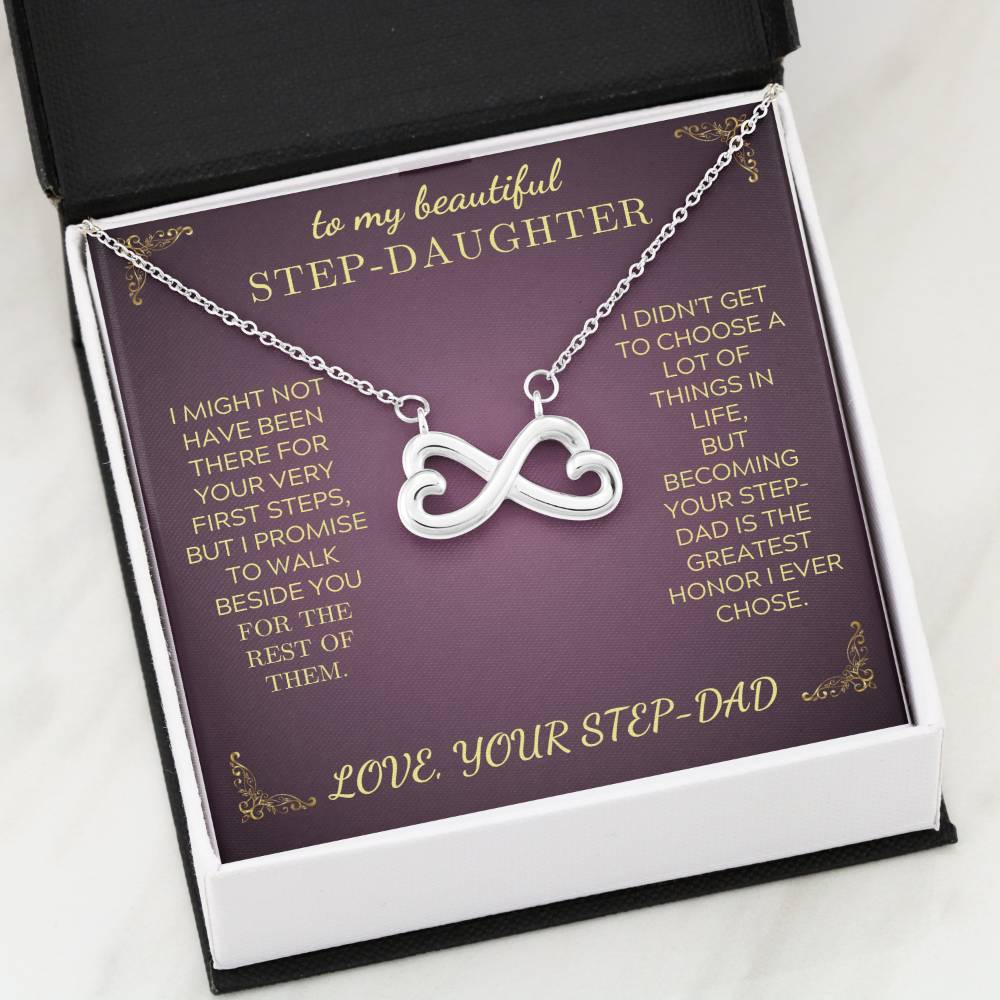 Silver-tone infinity heart pendant necklace in purple gift box with chain