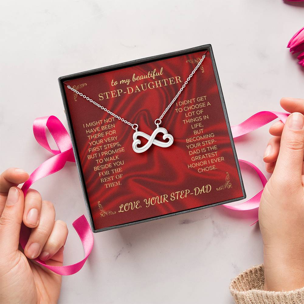 Red gift box insert with silver heart-infinity necklace and adjustable chain