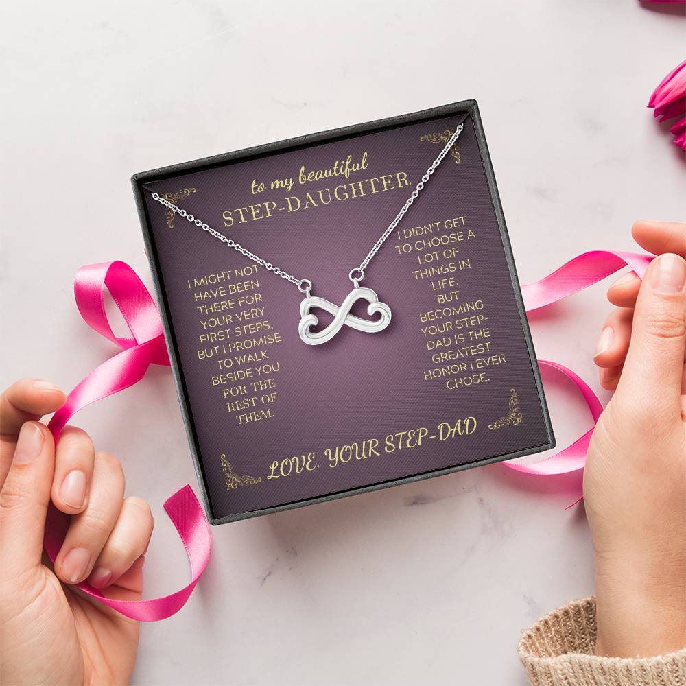 Silver-tone infinity heart pendant necklace in purple gift box with pink ribbon