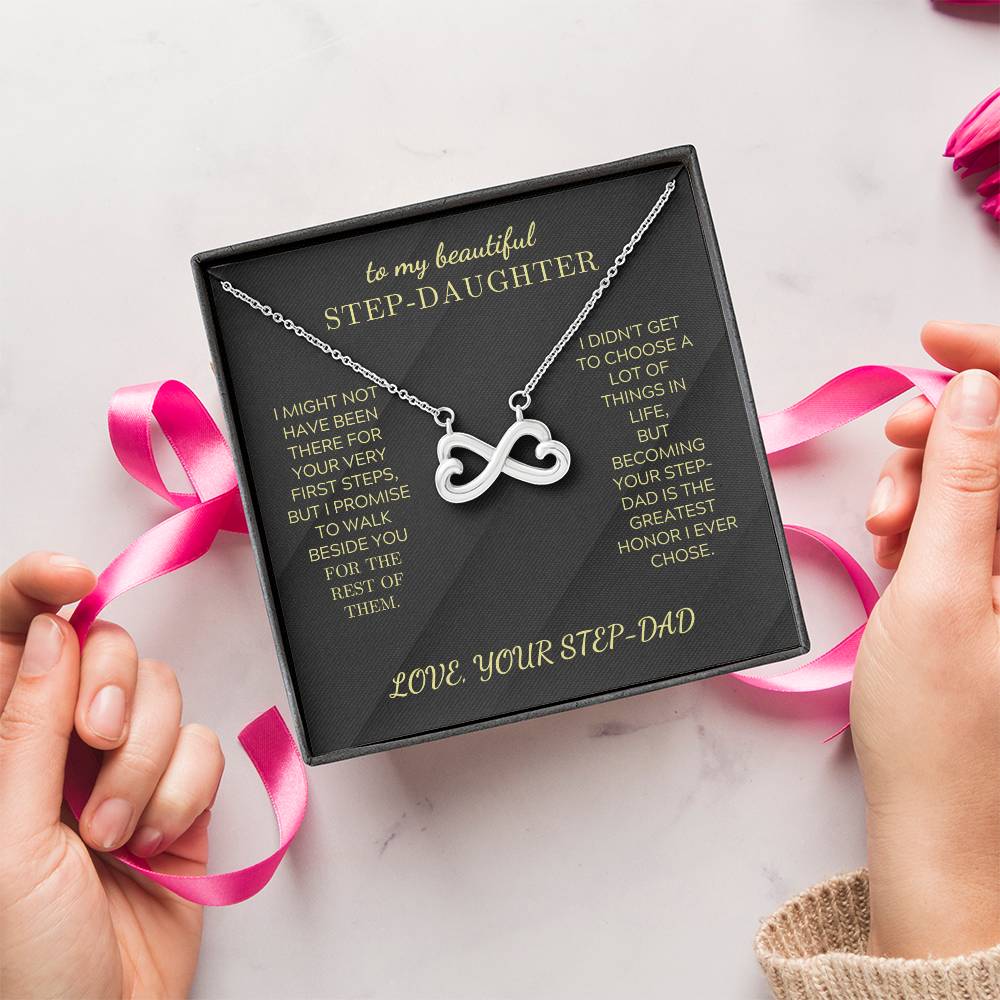 Silver heart-infinity pendant necklace in black gift box with pink ribbon