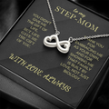 Infinity heart pendant necklace with silver chain, displayed on a gift box card