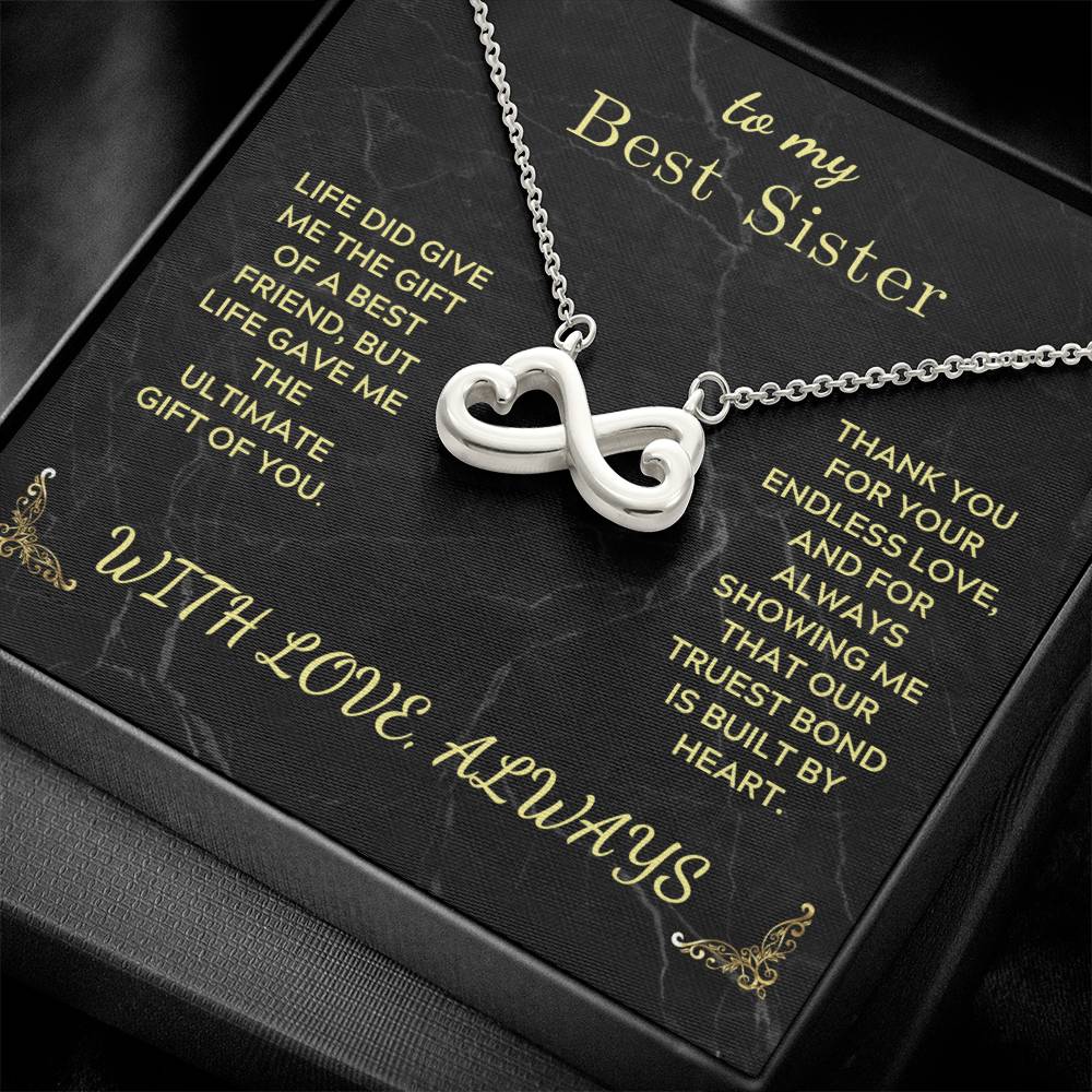 Infinity heart pendant necklace, silver-tone chain on black message card