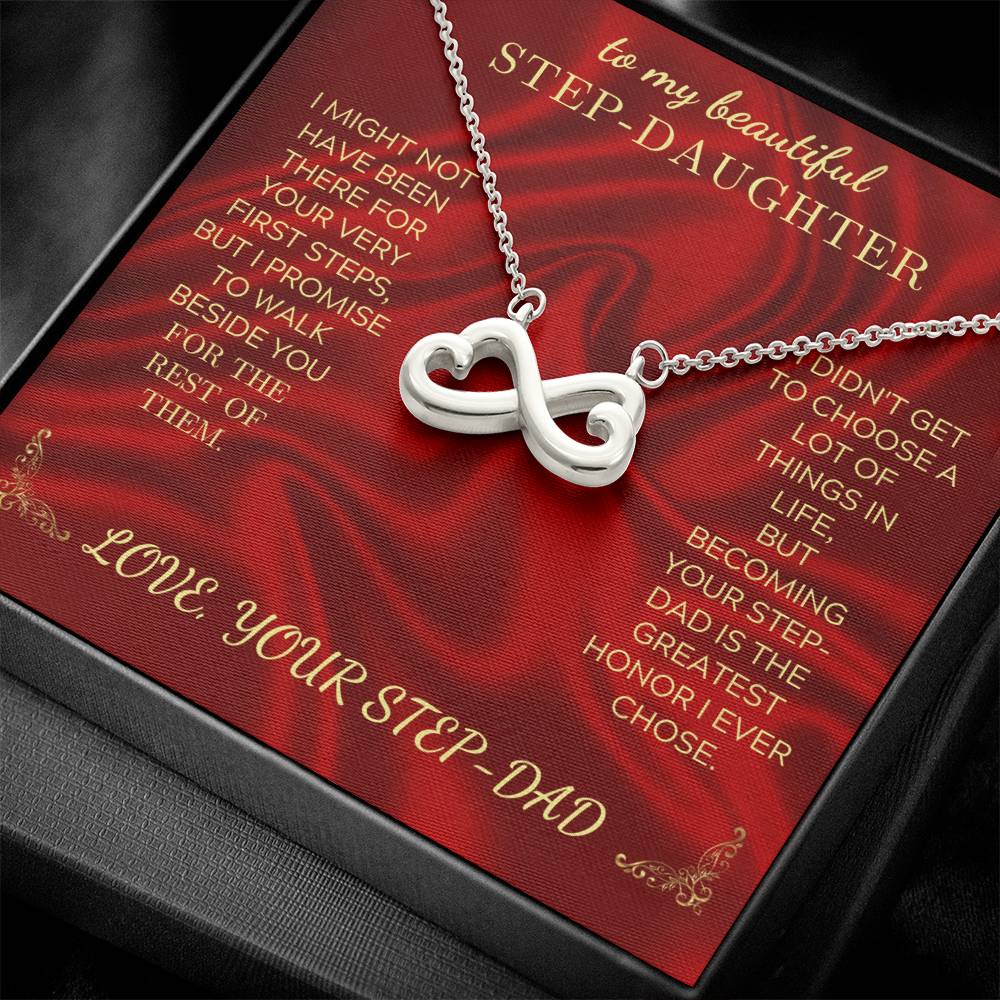 Heart-infinity pendant necklace with red message card and chain links